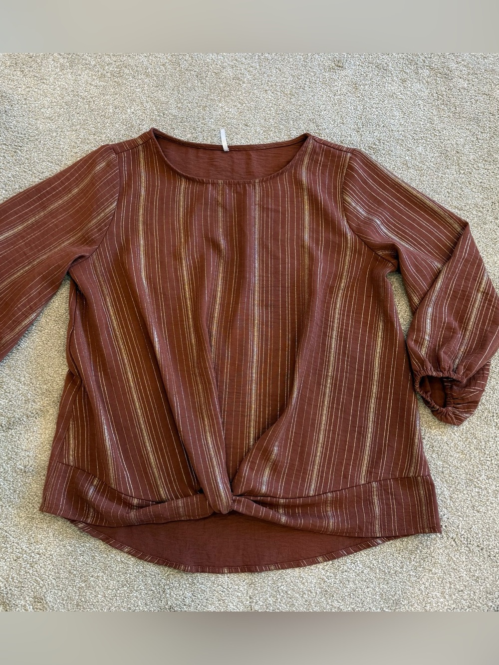 3rd & Malt Medium Rust Brown Gold Stripe Twist Front Blouse Boho Fall Top